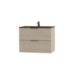 Tiger Studio Badkamermeubel 80 Cm Naturel Eiken Met Wastafel Polybeton Mat Zwart Greep Rvs Plat -Pro Badkamer Verkoop 123 676