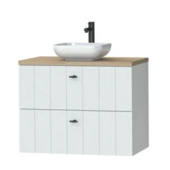 Tiger Maryport Badkamermeubelset 80 Cm Mat Wit Met Licht Eiken Wasblad, Keramische Opzetkom En Matzwarte Grepen